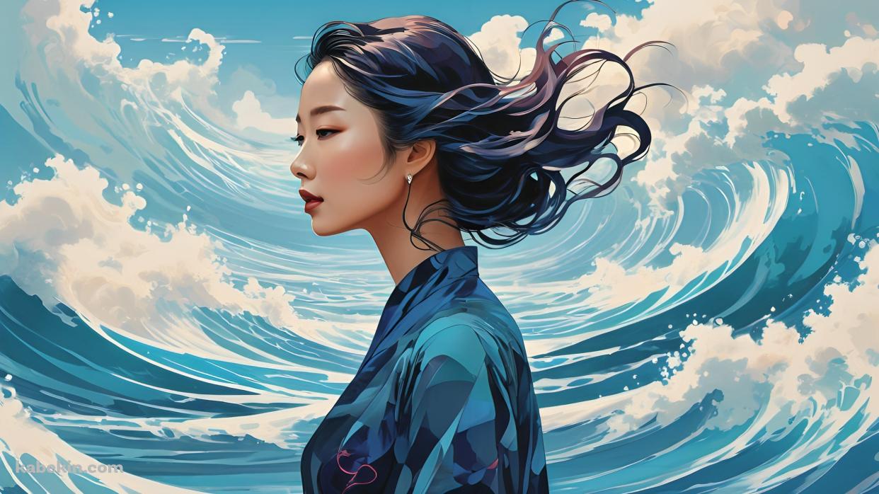 荒ぶる波と青い着物を着た黒髪の女性の壁紙(1242px x 698px) 高画質 PC・デスクトップ用
