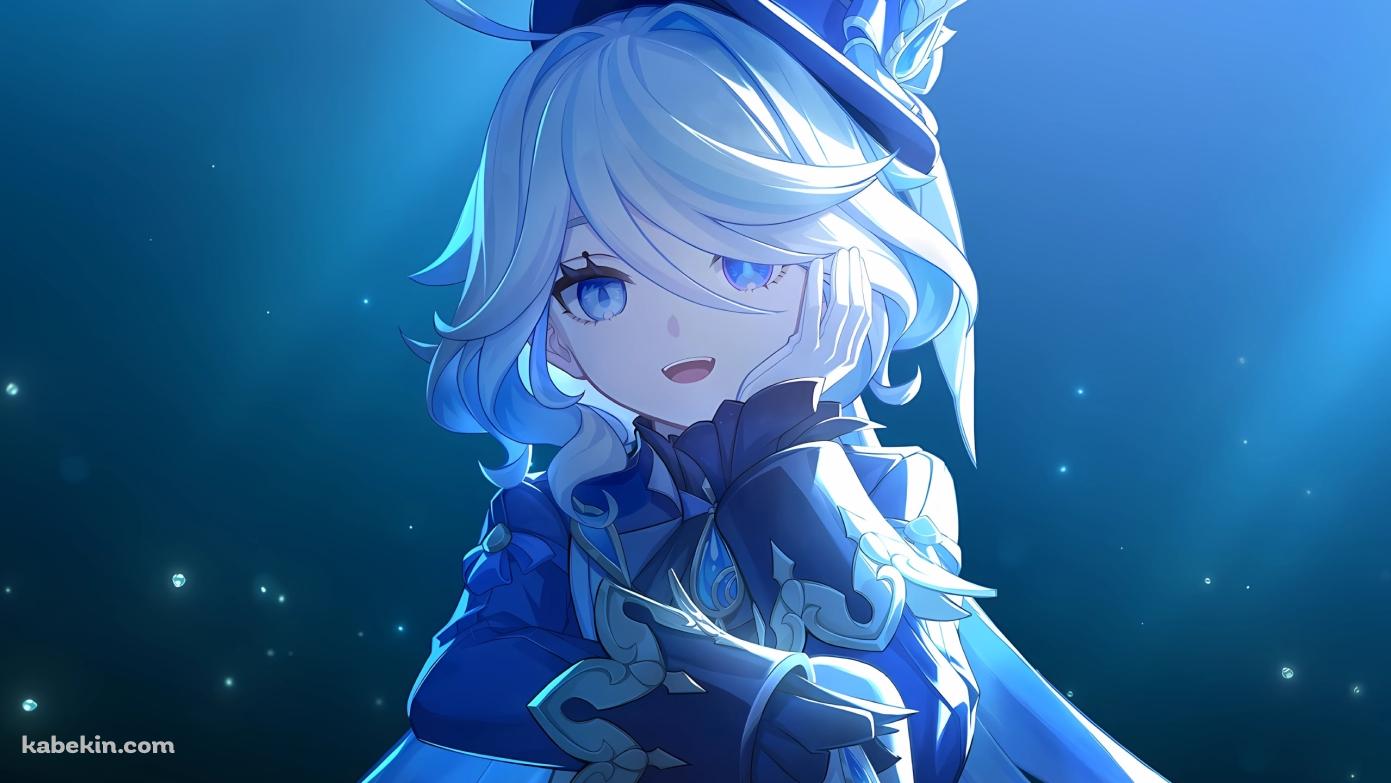 青い光の中、笑顔で頬杖をつくフリーナ / Furina / 原神 / Genshin Impactの壁紙(1391px x 783px) 高画質 PC・デスクトップ用