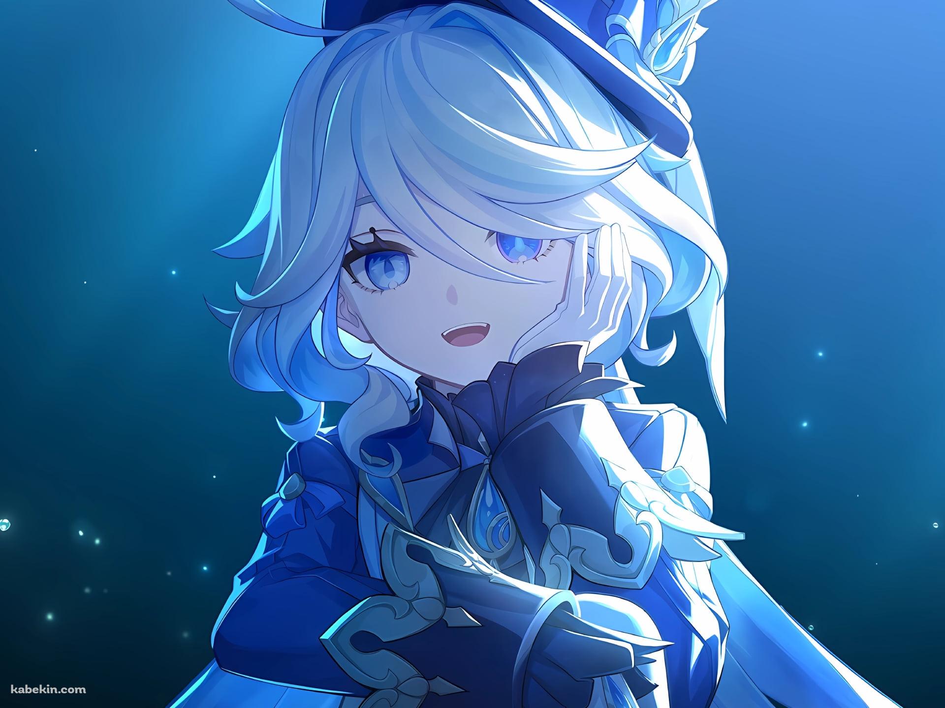 青い光の中、笑顔で頬杖をつくフリーナ / Furina / 原神 / Genshin Impactの壁紙(1920px x 1440px) 高画質 PC・デスクトップ用