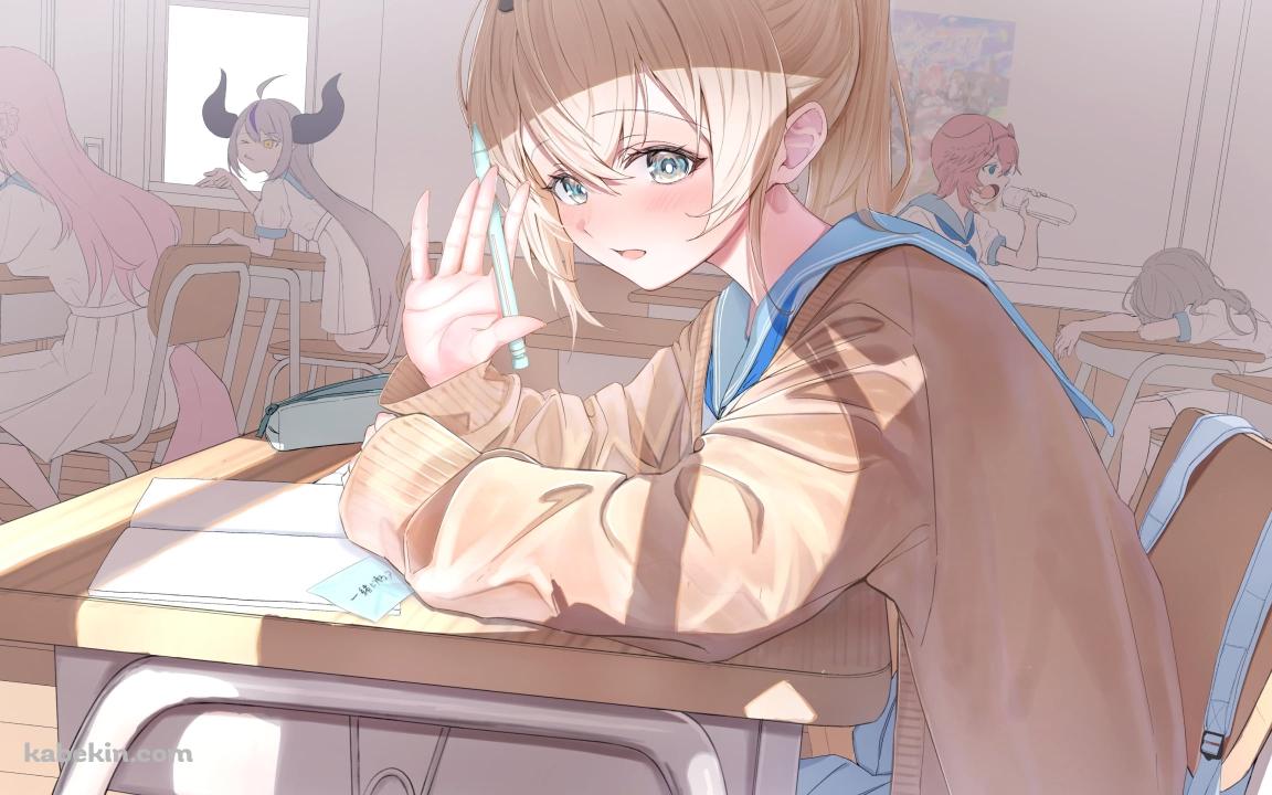 ペンを持った手で挨拶をする風真いろは / ホロライブ / バーチャルYouTuber / Vtuberの壁紙(1152px x 720px) 高画質 PC・デスクトップ用