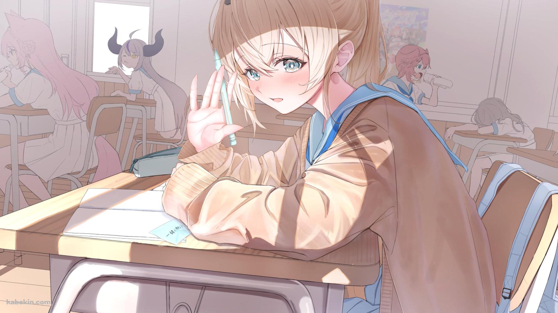ペンを持った手で挨拶をする風真いろは / ホロライブ / バーチャルYouTuber / Vtuberの壁紙(1920px x 1080px) 高画質 PC・デスクトップ用