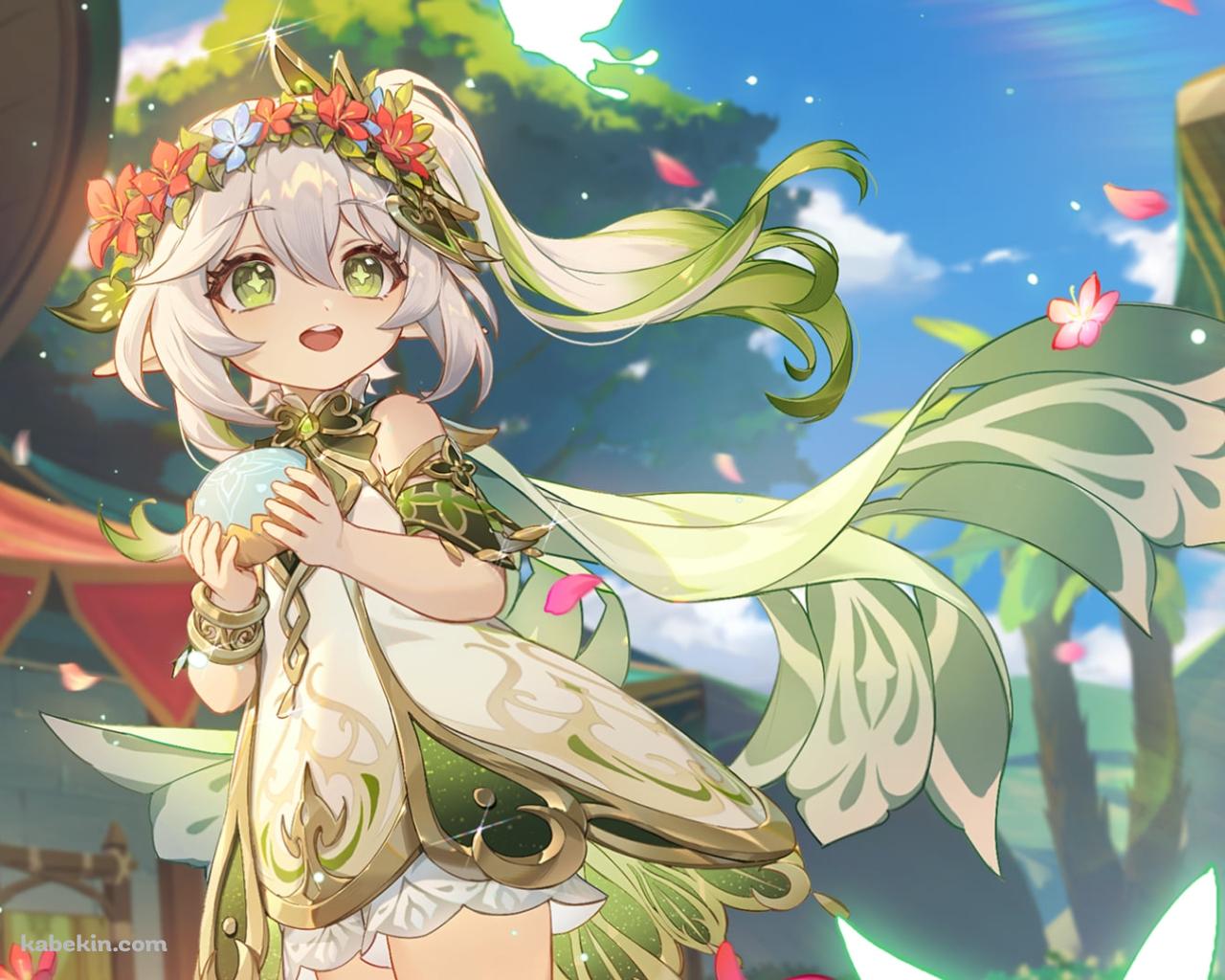 舞うピンクの花びらと笑顔のナヒーダ / 原神の壁紙(1280px x 1024px) 高画質 PC・デスクトップ用