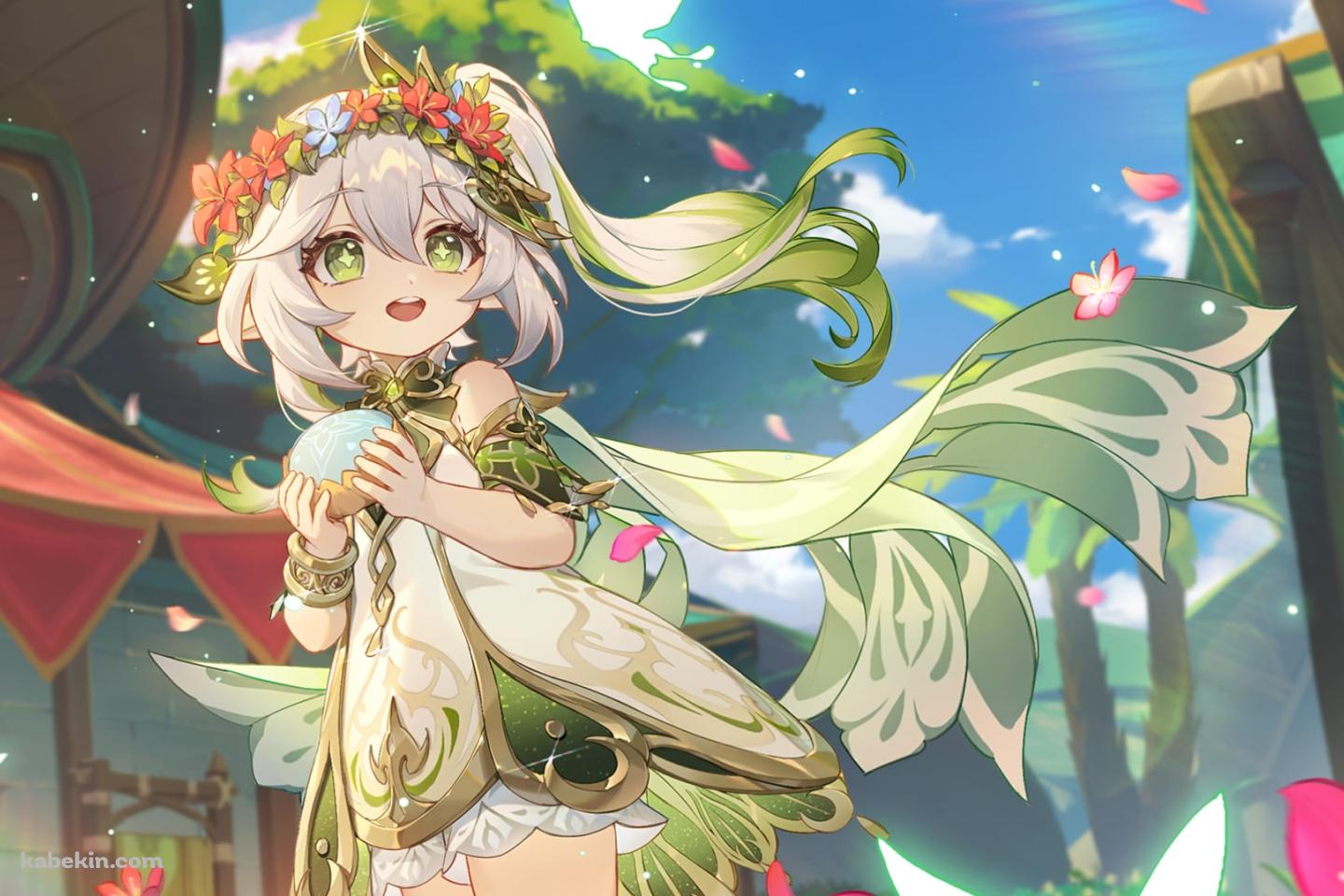 舞うピンクの花びらと笑顔のナヒーダ / 原神の壁紙(1440px x 960px) 高画質 PC・デスクトップ用