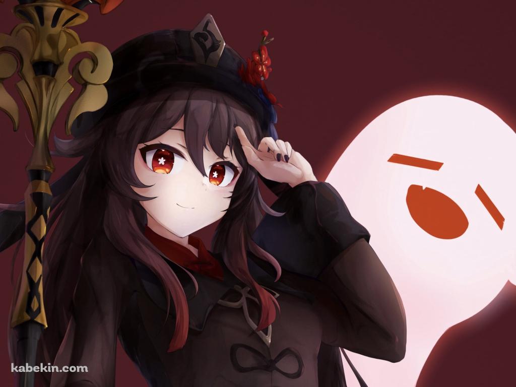 額に指をあて微笑む胡桃とお化け / 原神の壁紙(1024px x 768px) 高画質 PC・デスクトップ用