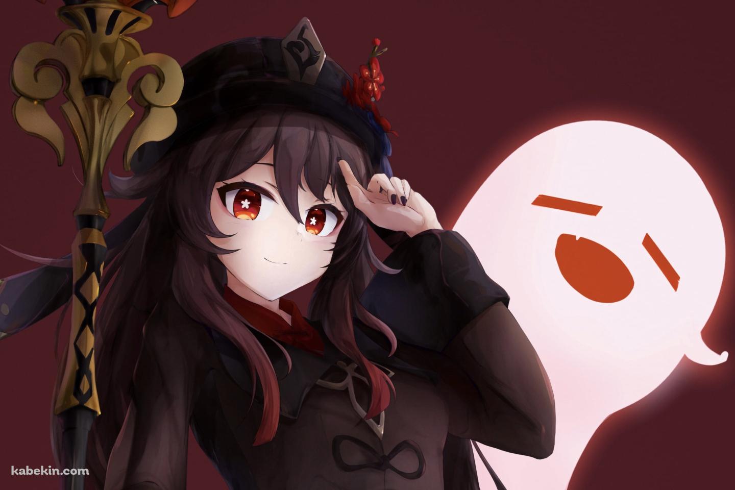 額に指をあて微笑む胡桃とお化け / 原神の壁紙(1440px x 960px) 高画質 PC・デスクトップ用