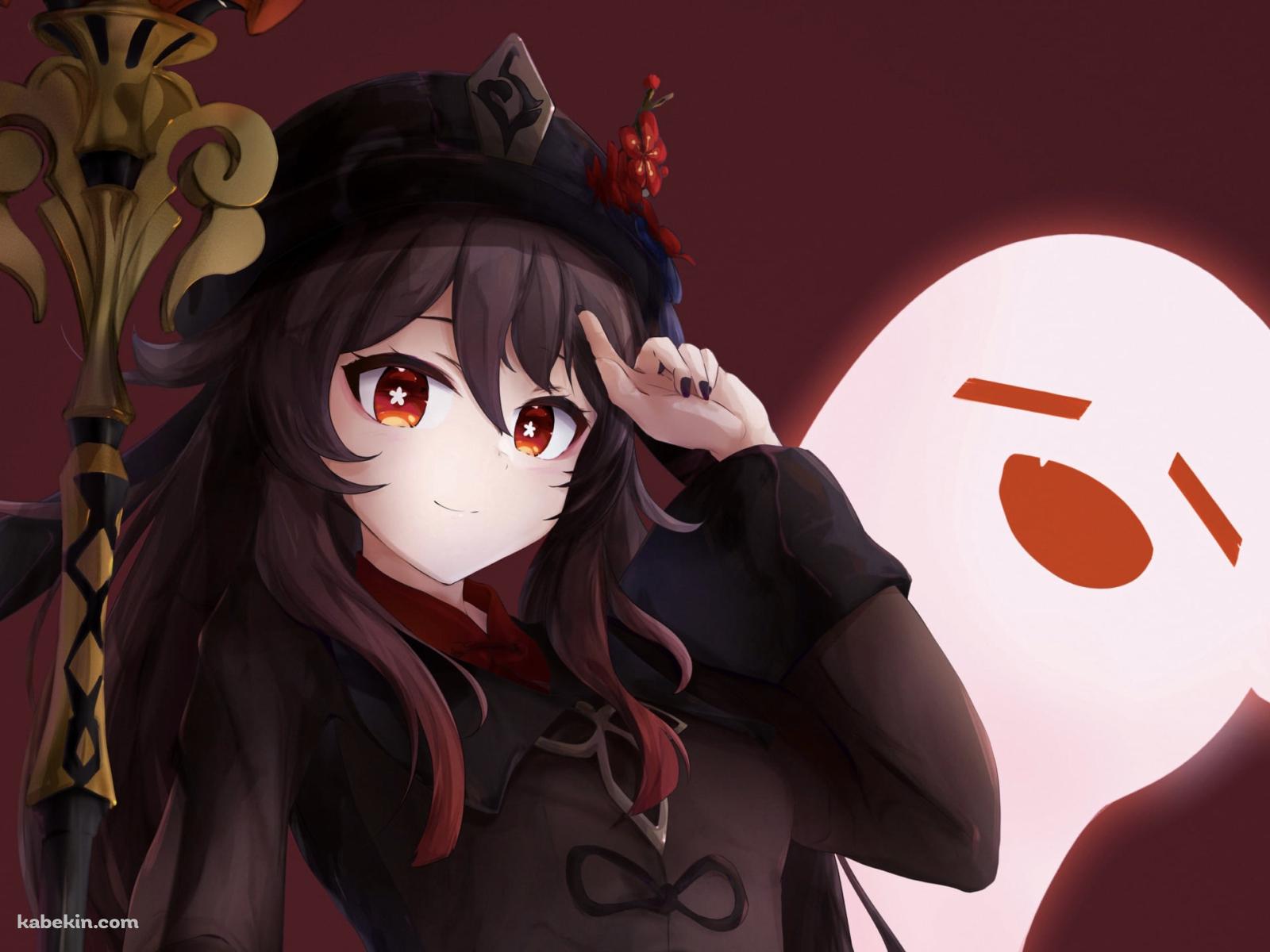 額に指をあて微笑む胡桃とお化け / 原神の壁紙(1600px x 1200px) 高画質 PC・デスクトップ用