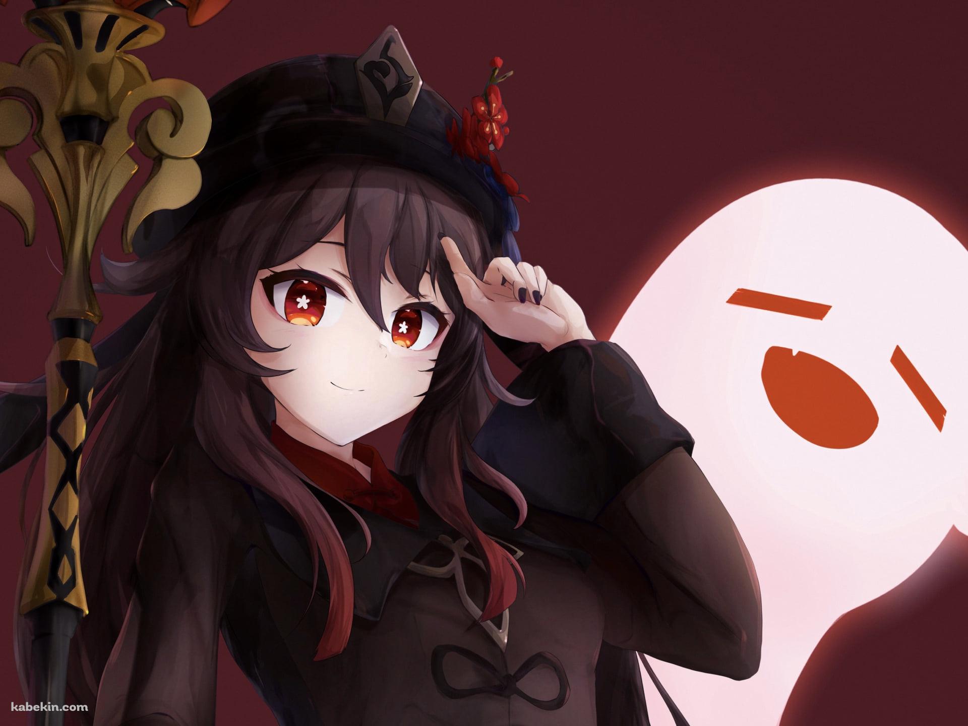 額に指をあて微笑む胡桃とお化け / 原神の壁紙(1920px x 1440px) 高画質 PC・デスクトップ用