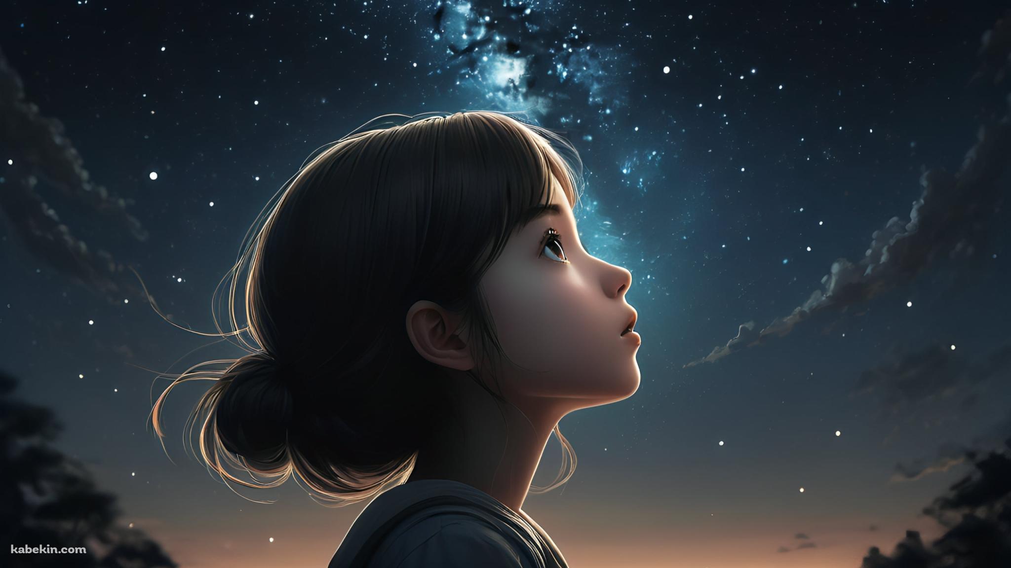 綺麗な星空を見つめる可愛い少女の壁紙(2048px x 1152px) 高画質 PC・デスクトップ用