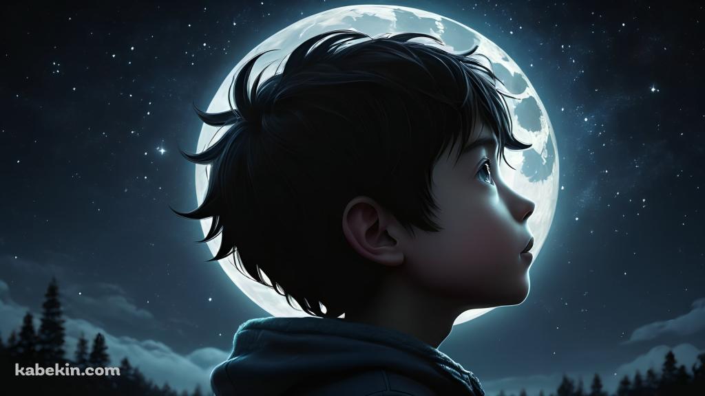 大きな満月と銀河と短髪の少年の壁紙(1024px x 576px) 高画質 PC・デスクトップ用