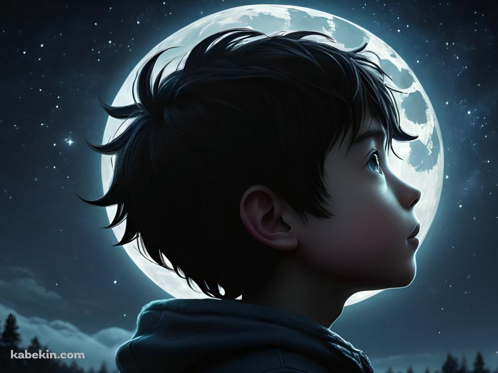 大きな満月と銀河と短髪の少年の壁紙(1024px x 768px) 高画質 PC・デスクトップ用