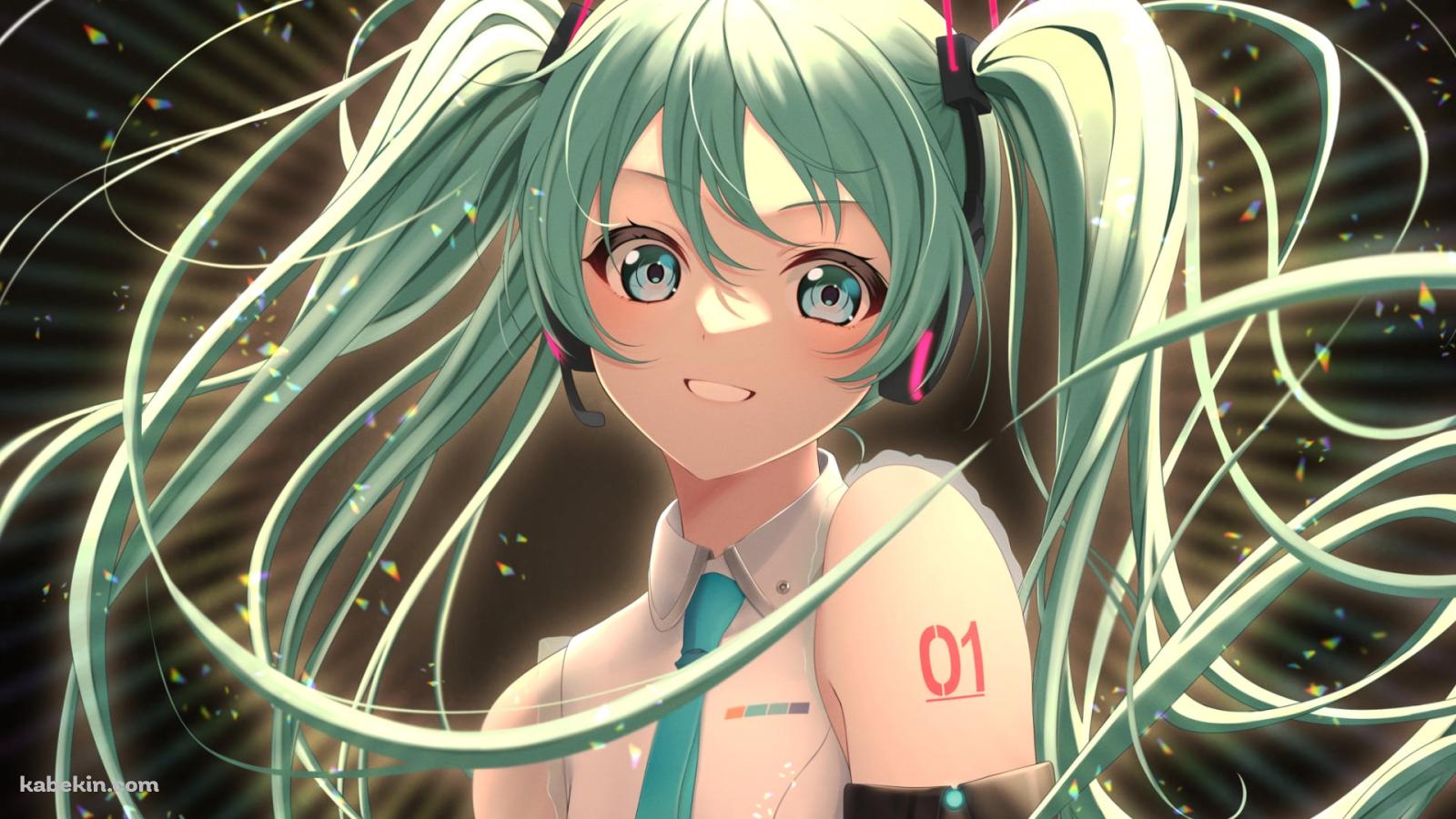 髪が乱れた笑顔の初音ミク / ボカロの壁紙(1600px x 900px) 高画質 PC・デスクトップ用