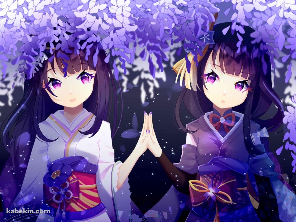 紫の花と手を合わせる雷電将軍 / 可愛い / 原神の壁紙(1024px x 768px) 高画質 PC・デスクトップ用