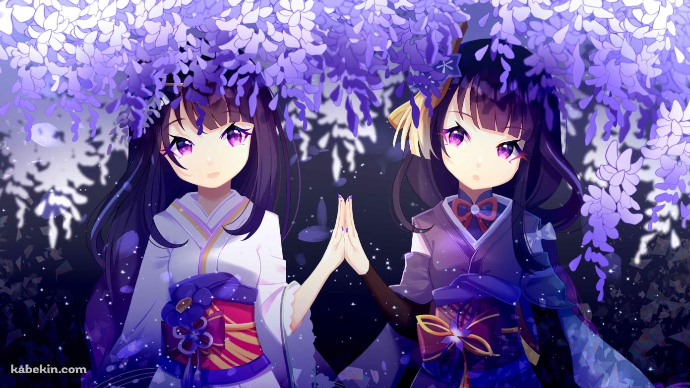 紫の花と手を合わせる雷電将軍 / 可愛い / 原神の壁紙(1391px x 783px) 高画質 PC・デスクトップ用