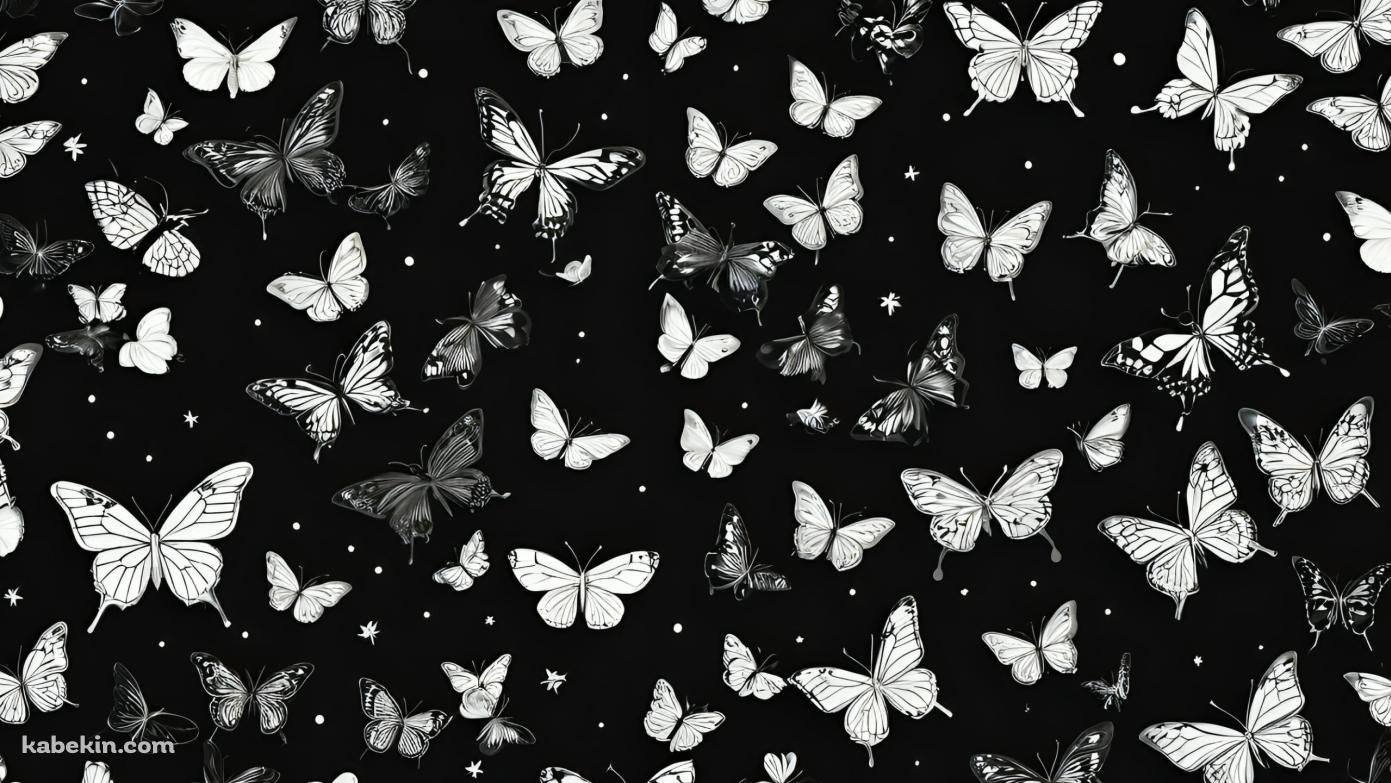 モノクロの蝶と花 / 黒地の背景の壁紙(1391px x 783px) 高画質 PC・デスクトップ用