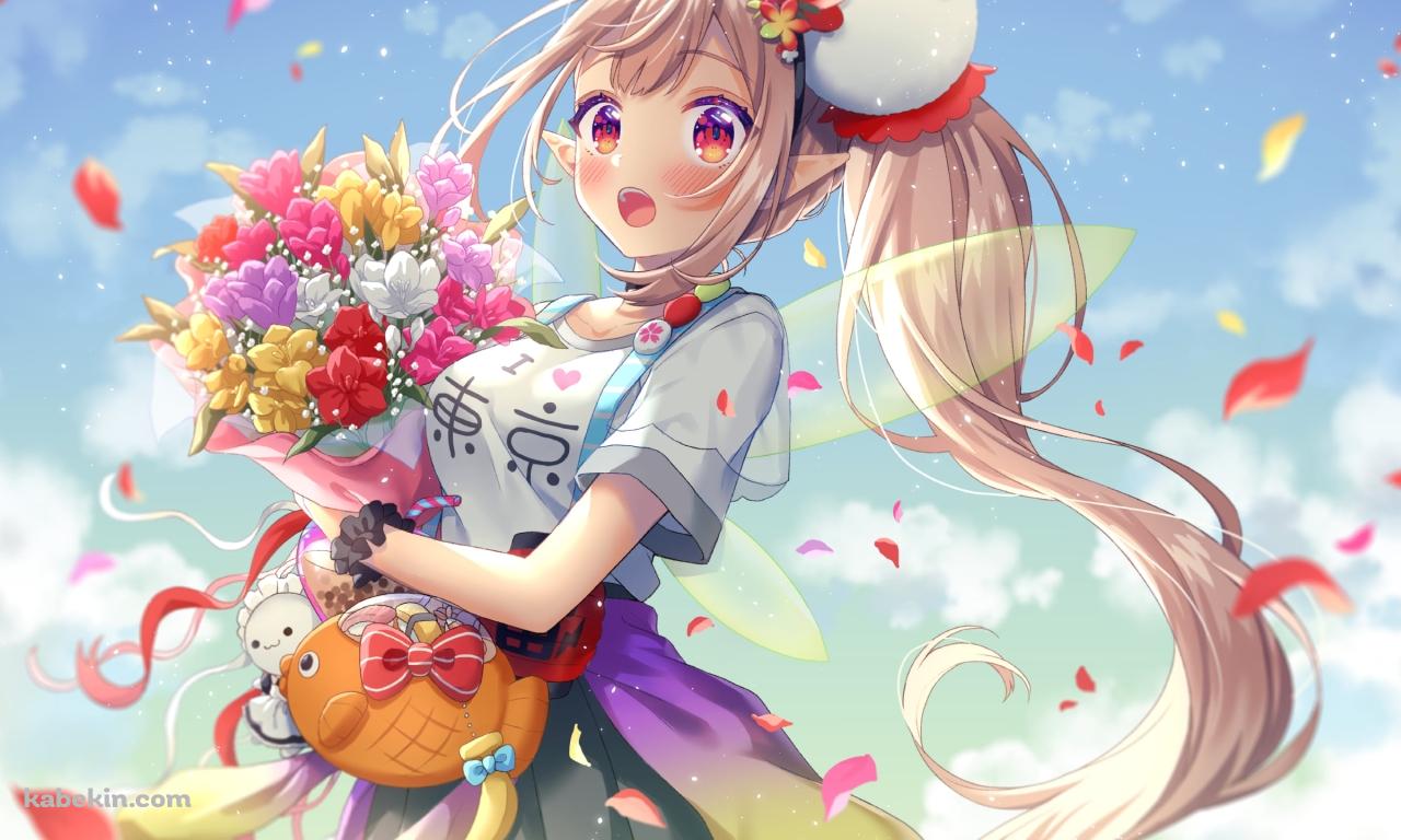 カラフルな花束を持つエルフのえる / にじさんじ / バーチャルYouTuber / Vtuberの壁紙(1280px x 768px) 高画質 PC・デスクトップ用