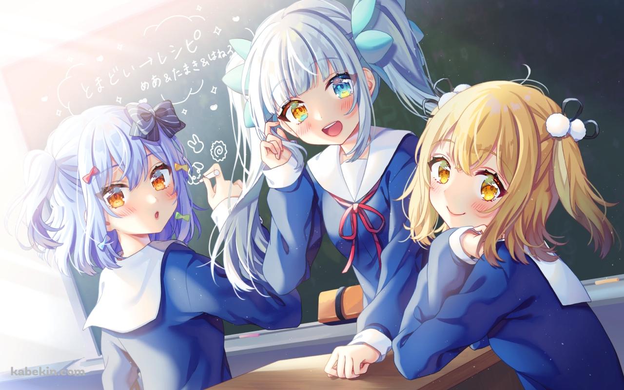 黒板の前に集まる神楽めあ / 犬山たまき / 因幡はねる / バーチャルYouTuber / Vtuberの壁紙(1280px x 800px) 高画質 PC・デスクトップ用