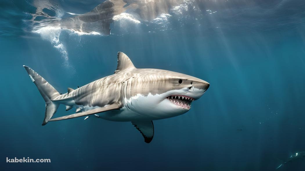 海の中を泳ぐホオジロザメの壁紙(1051px x 591px) 高画質 PC・デスクトップ用