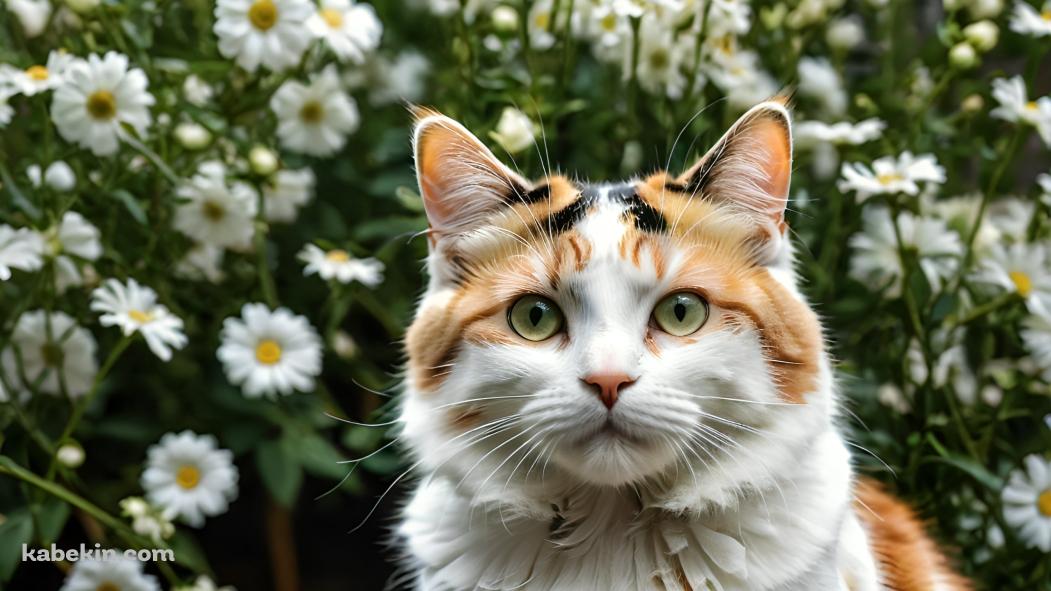 白い花と黒・白・茶色の猫の壁紙(1051px x 591px) 高画質 PC・デスクトップ用