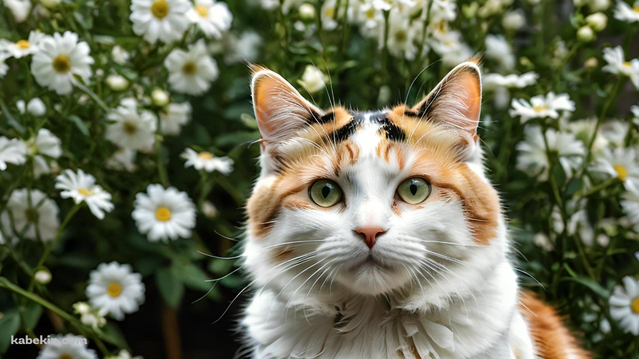 白い花と黒・白・茶色の猫の壁紙(1280px x 720px) 高画質 PC・デスクトップ用