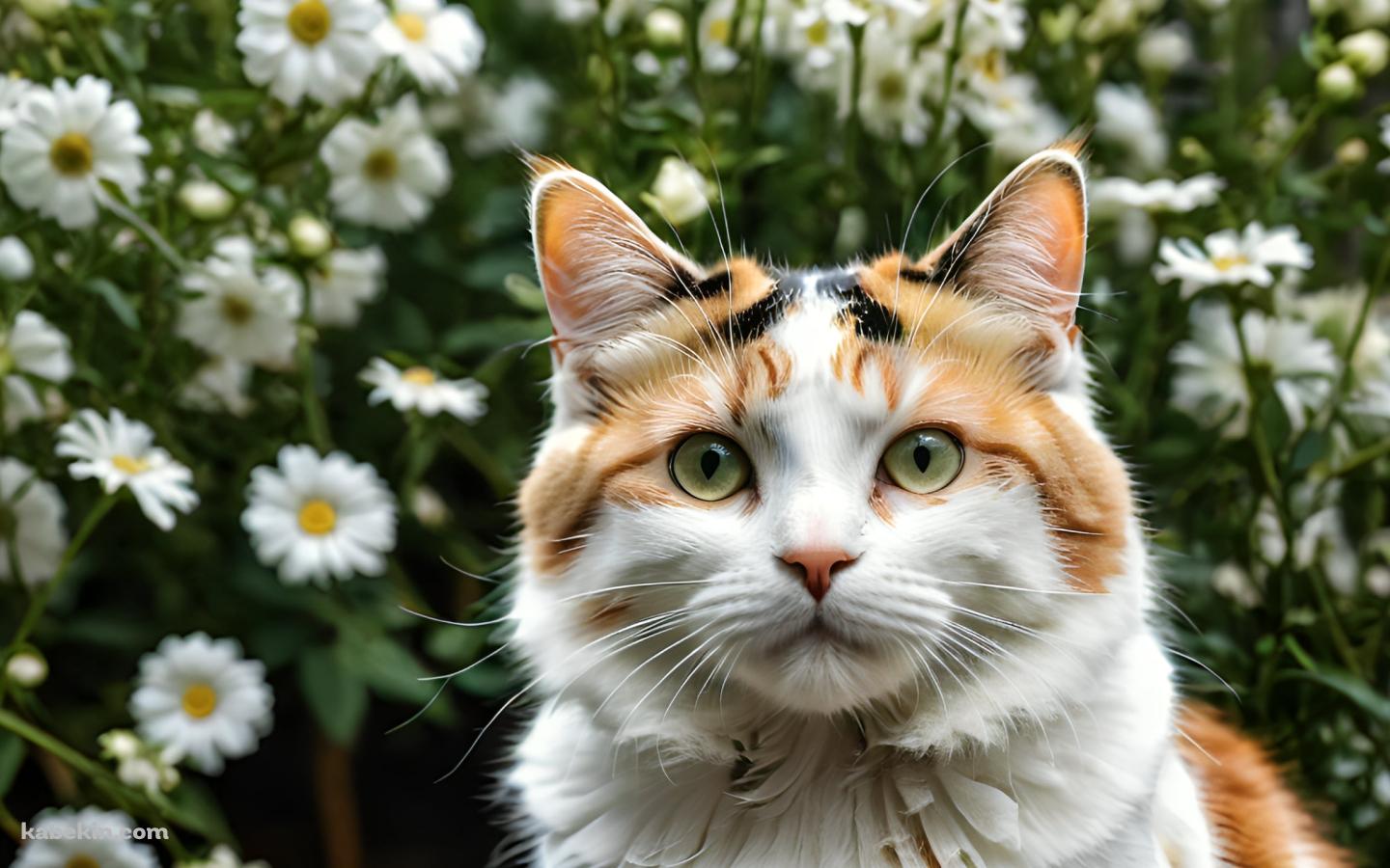 白い花と黒・白・茶色の猫の壁紙(1440px x 900px) 高画質 PC・デスクトップ用