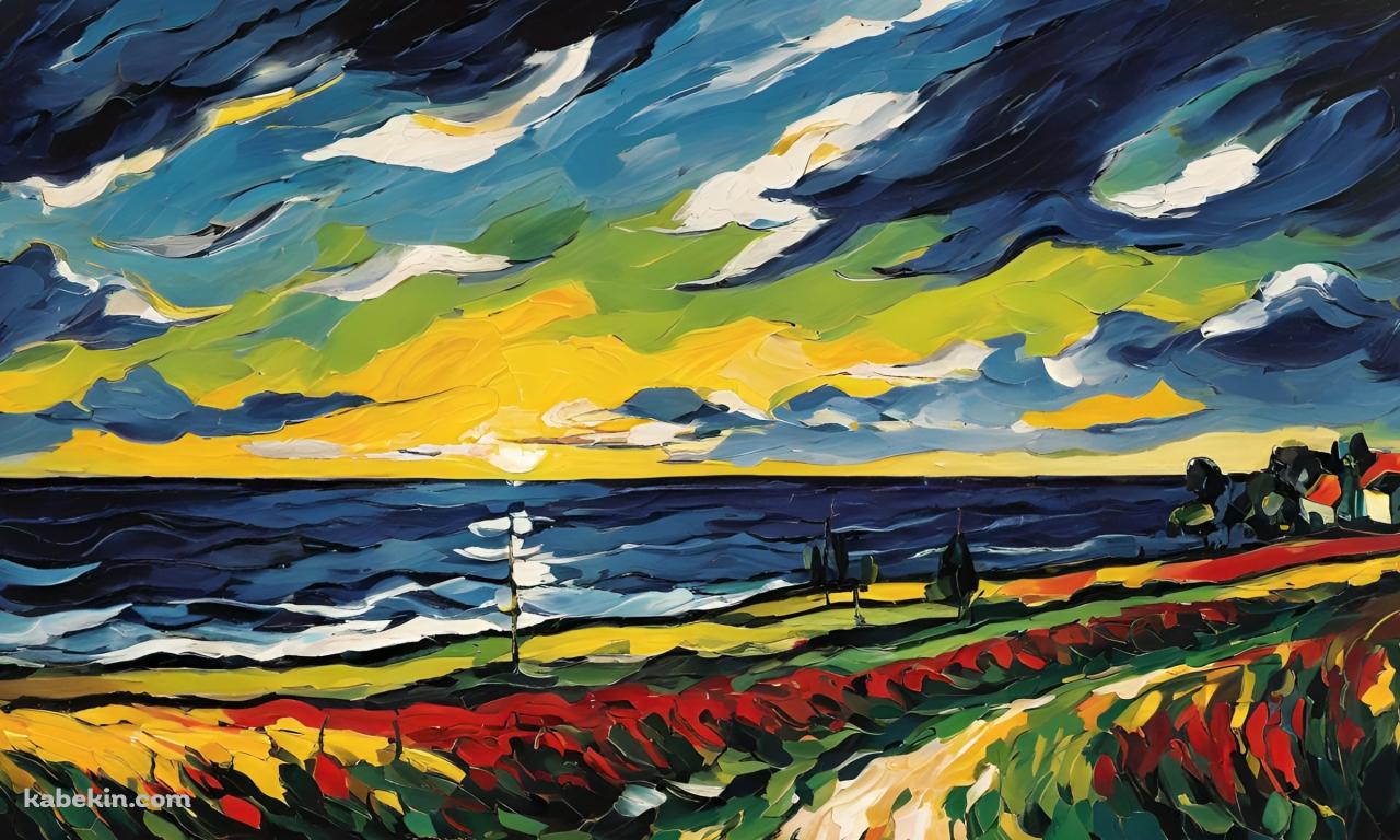 ベタ塗りの絵具で描いた海と空とあぜ道の壁紙(1280px x 768px) 高画質 PC・デスクトップ用
