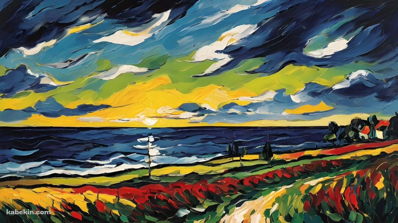 ベタ塗りの絵具で描いた海と空とあぜ道の壁紙(1366px x 768px) 高画質 PC・デスクトップ用