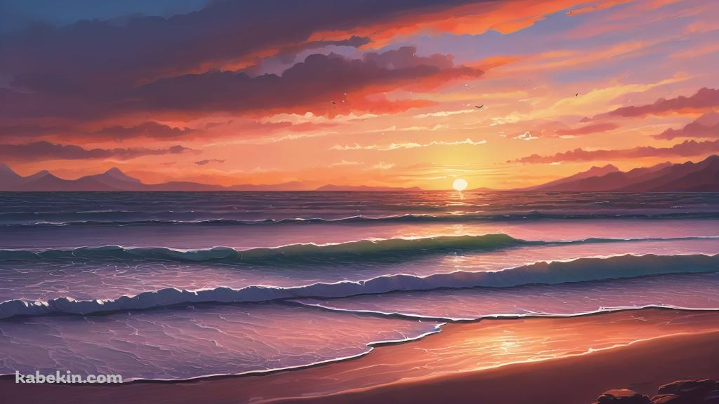 夕焼けに染まる静かな海 / チルの壁紙(1024px x 576px) 高画質 PC・デスクトップ用