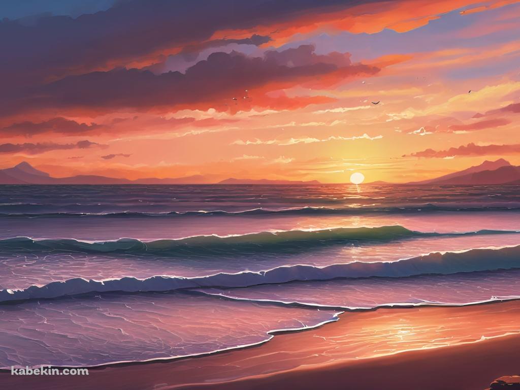 夕焼けに染まる静かな海 / チルの壁紙(1024px x 768px) 高画質 PC・デスクトップ用