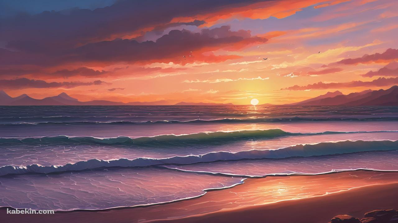 夕焼けに染まる静かな海 / チルの壁紙(1280px x 720px) 高画質 PC・デスクトップ用