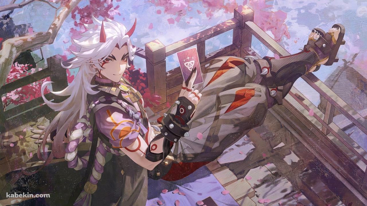 カードを持ちこちらを見つめる荒瀧一斗 / 原神の壁紙(1280px x 720px) 高画質 PC・デスクトップ用