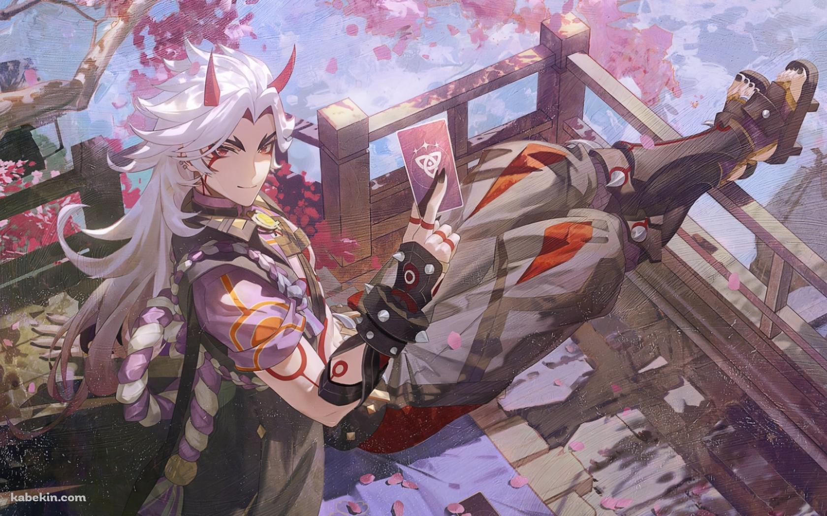 カードを持ちこちらを見つめる荒瀧一斗 / 原神の壁紙(1680px x 1050px) 高画質 PC・デスクトップ用
