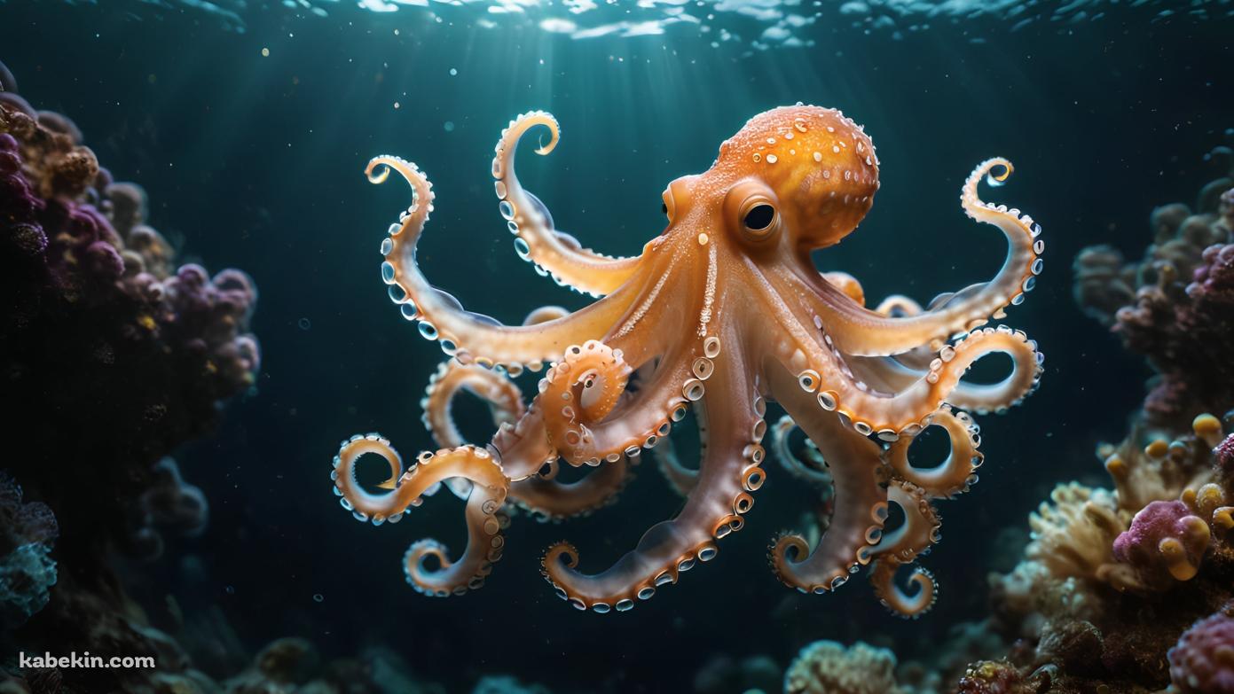 海の中を泳ぐタコの壁紙(1391px x 783px) 高画質 PC・デスクトップ用