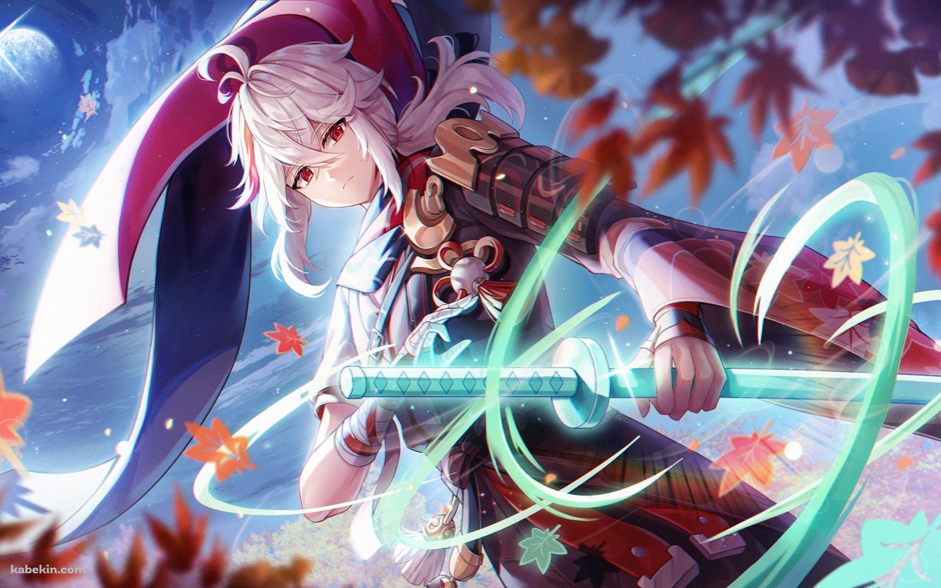 緑に光る刀の鞘に手をかける楓原万葉 / 月 / 紅葉 /原神の壁紙(1920px x 1200px) 高画質 PC・デスクトップ用