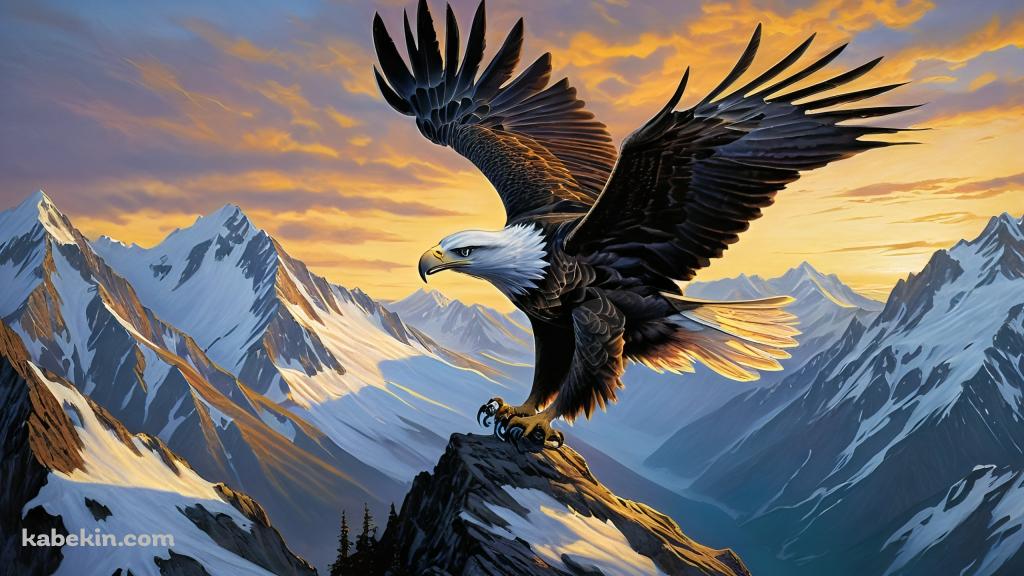 雪山の上を飛ぶかっこいいハクトウワシ / Bald Eagleの壁紙(1024px x 576px) 高画質 PC・デスクトップ用