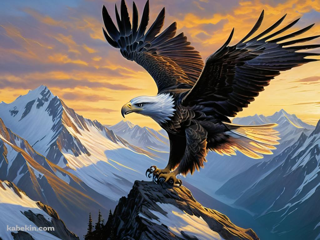 雪山の上を飛ぶかっこいいハクトウワシ / Bald Eagleの壁紙(1024px x 768px) 高画質 PC・デスクトップ用