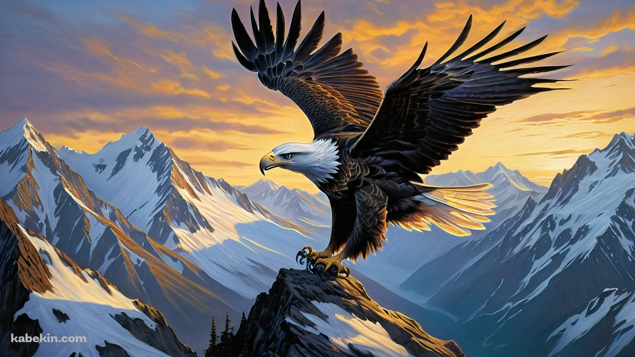 雪山の上を飛ぶかっこいいハクトウワシ / Bald Eagleの壁紙(1280px x 720px) 高画質 PC・デスクトップ用