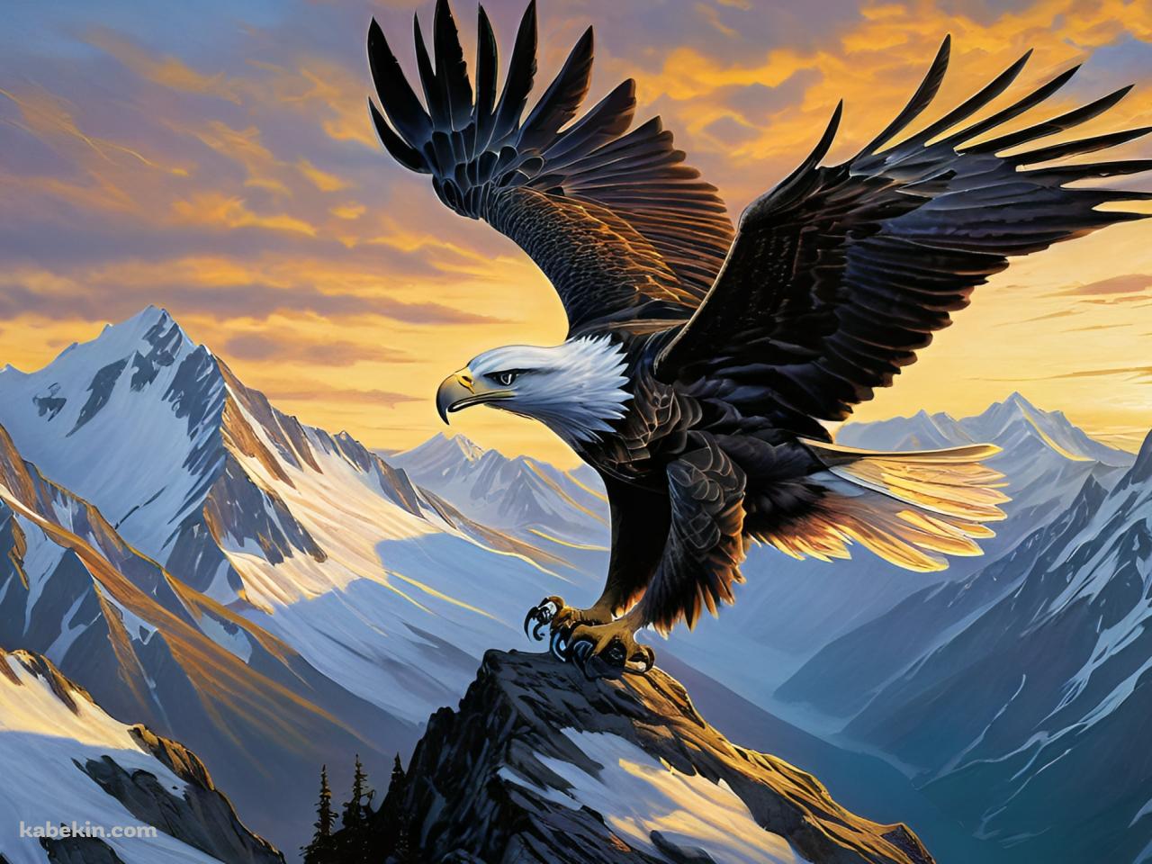 雪山の上を飛ぶかっこいいハクトウワシ / Bald Eagleの壁紙(1280px x 960px) 高画質 PC・デスクトップ用