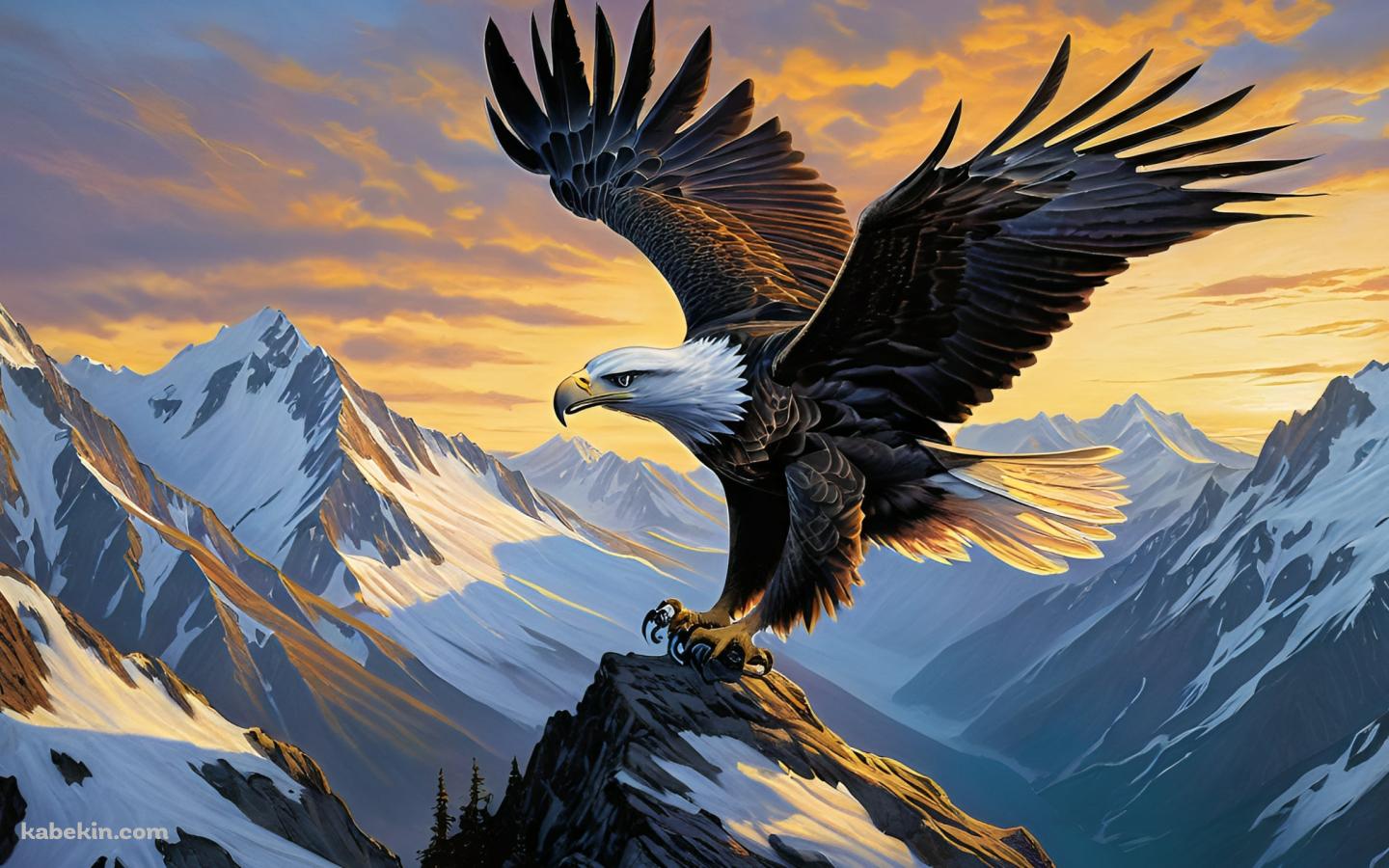 雪山の上を飛ぶかっこいいハクトウワシ / Bald Eagleの壁紙(1440px x 900px) 高画質 PC・デスクトップ用
