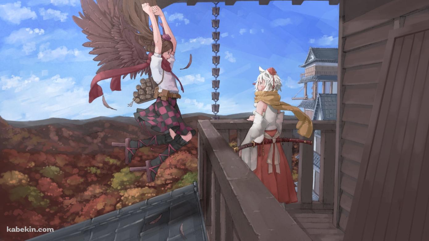 談笑する犬走椛と姫海棠はたて / 東方の壁紙(1391px x 783px) 高画質 PC・デスクトップ用