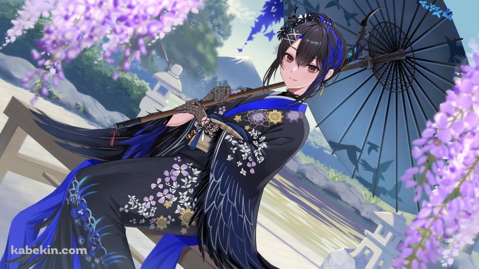 黒・青い着物を着たネリッサ・レイヴンクロフト / 黒い和傘 / 紫の藤の花 / ホロライブ / バーチャルYouTuber / Vtuberの壁紙(960px x 540px) 高画質 PC・デスクトップ用