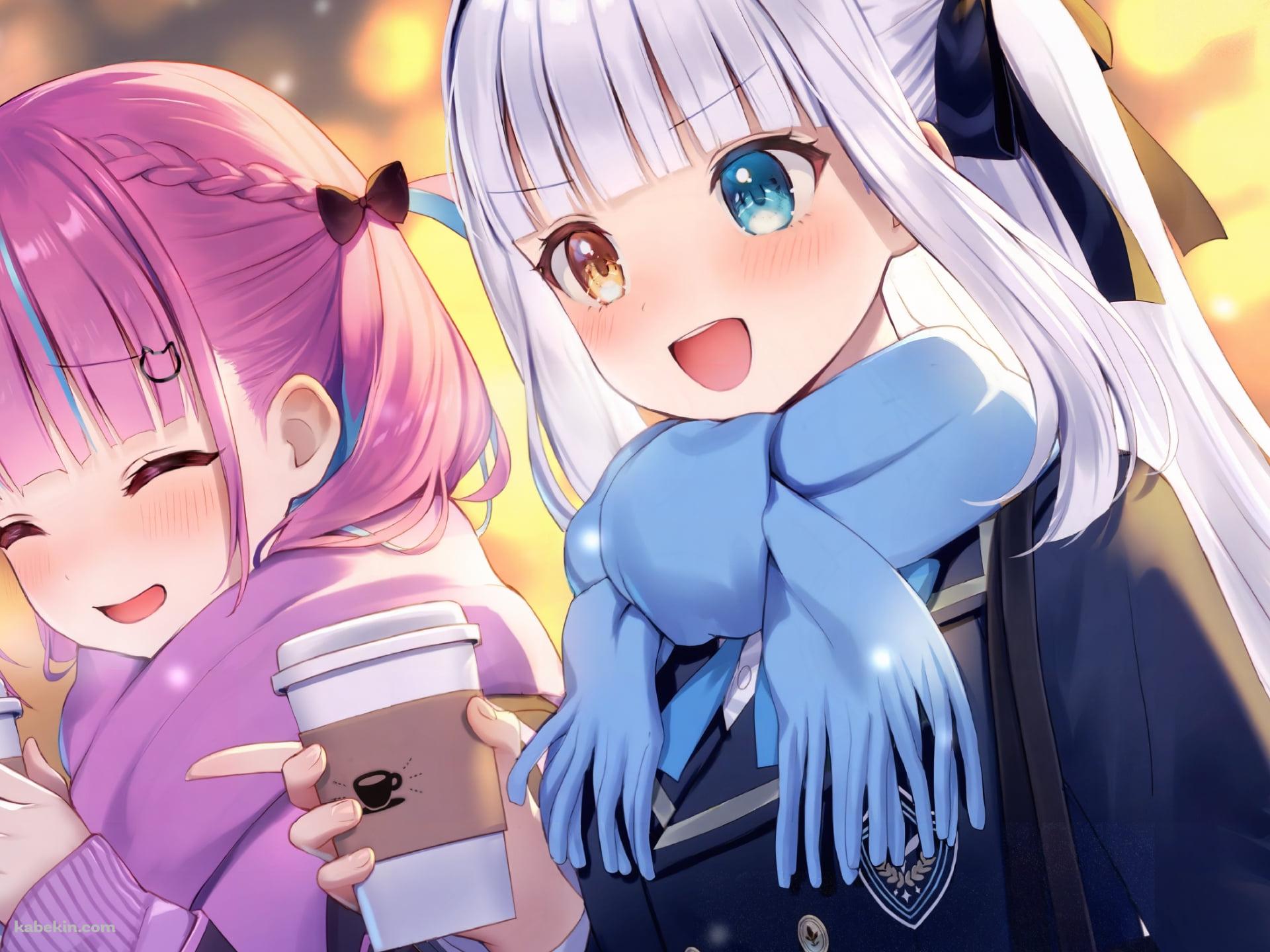 雪が降る中、コーヒーを持ちながら談笑する湊あくあと神楽めあ / ホロライブ / バーチャルYouTuber / Vtuberの壁紙(1920px x 1440px) 高画質 PC・デスクトップ用