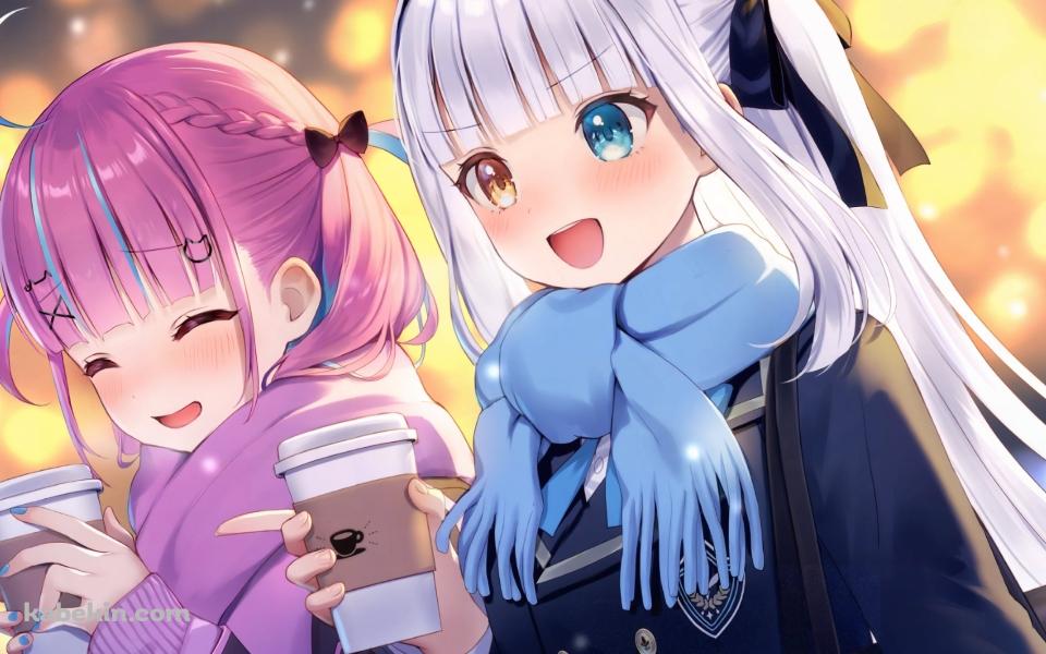 雪が降る中、コーヒーを持ちながら談笑する湊あくあと神楽めあ / ホロライブ / バーチャルYouTuber / Vtuberの壁紙(960px x 600px) 高画質 PC・デスクトップ用