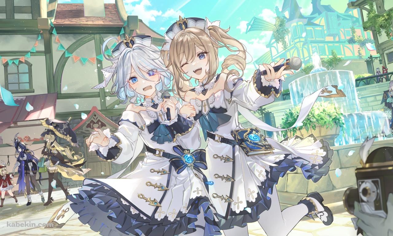 噴水の前ではしゃぐバーバラ / フリーナ / 原神の壁紙(1280px x 768px) 高画質 PC・デスクトップ用