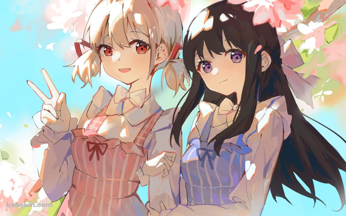 桜の花と腕を組む錦木千束と井ノ上たきな / リコリス・リコイルの壁紙(1152px x 720px) 高画質 PC・デスクトップ用