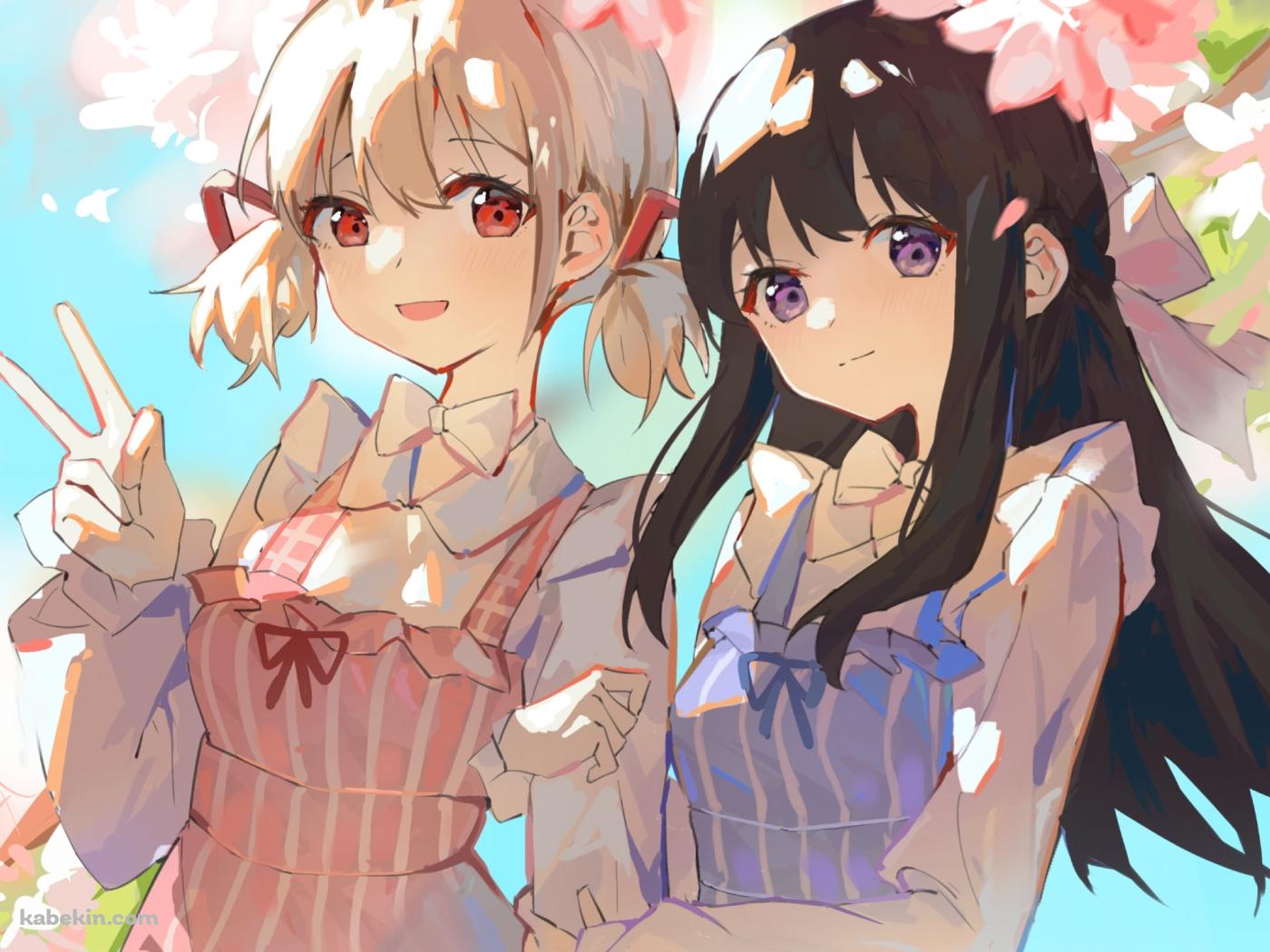 桜の花と腕を組む錦木千束と井ノ上たきな / リコリス・リコイルの壁紙(1400px x 1050px) 高画質 PC・デスクトップ用