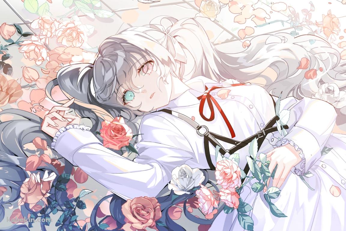 床に仰向けに寝るニーゴミク / 初音ミク / ピンクの薔薇 / プロセカの壁紙(1152px x 768px) 高画質 PC・デスクトップ用