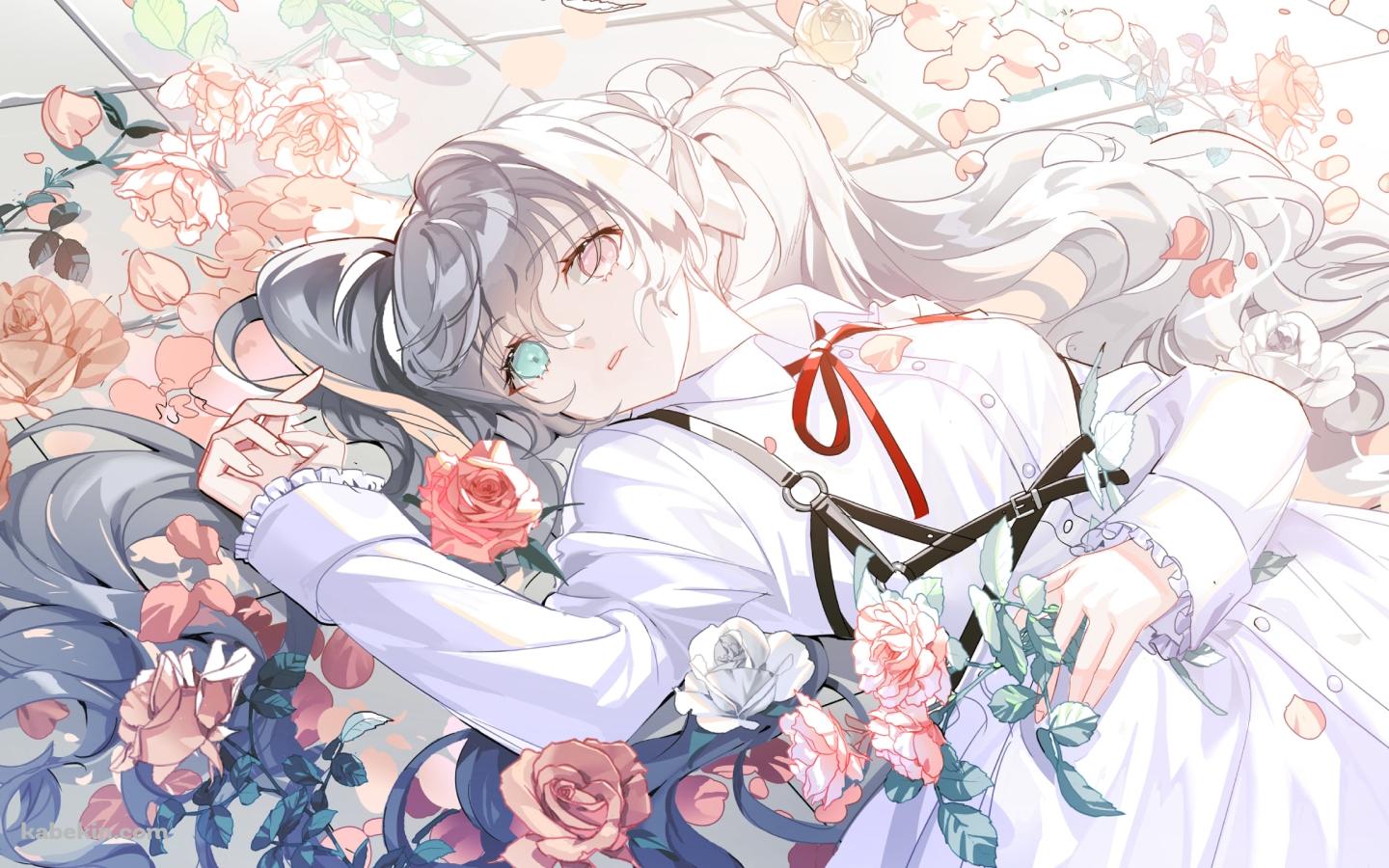 床に仰向けに寝るニーゴミク / 初音ミク / ピンクの薔薇 / プロセカの壁紙(1440px x 900px) 高画質 PC・デスクトップ用