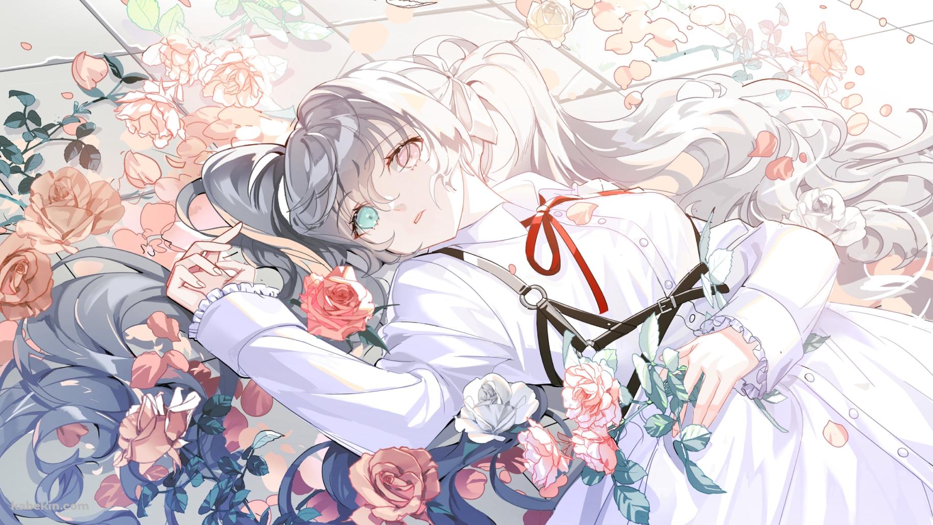 床に仰向けに寝るニーゴミク / 初音ミク / ピンクの薔薇 / プロセカの壁紙(1829px x 1029px) 高画質 PC・デスクトップ用