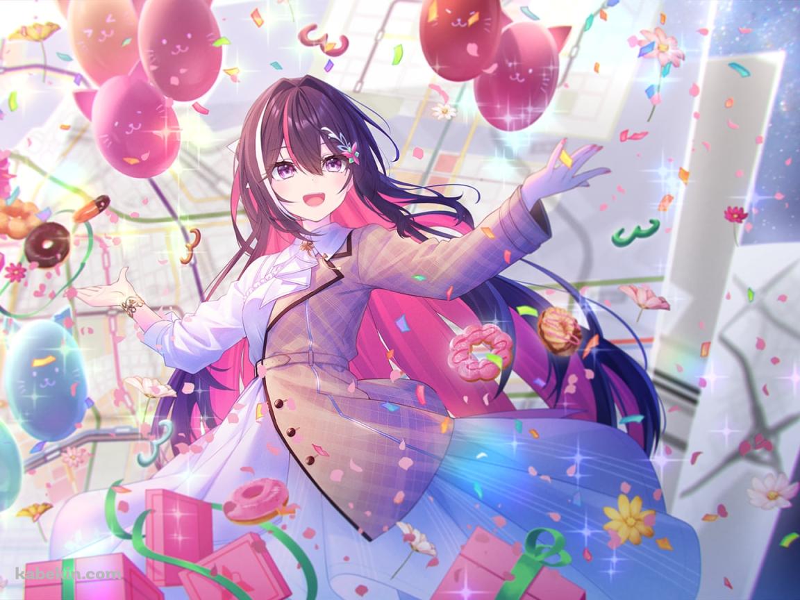 笑顔のAZKi / カラフルな風船とプレゼント / バーチャルYouTuber / Vtuberの壁紙(1152px x 864px) 高画質 PC・デスクトップ用