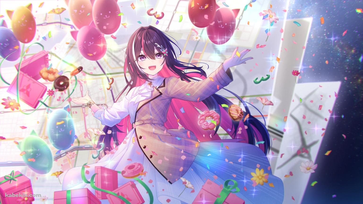 笑顔のAZKi / カラフルな風船とプレゼント / バーチャルYouTuber / Vtuberの壁紙(1536px x 864px) 高画質 PC・デスクトップ用